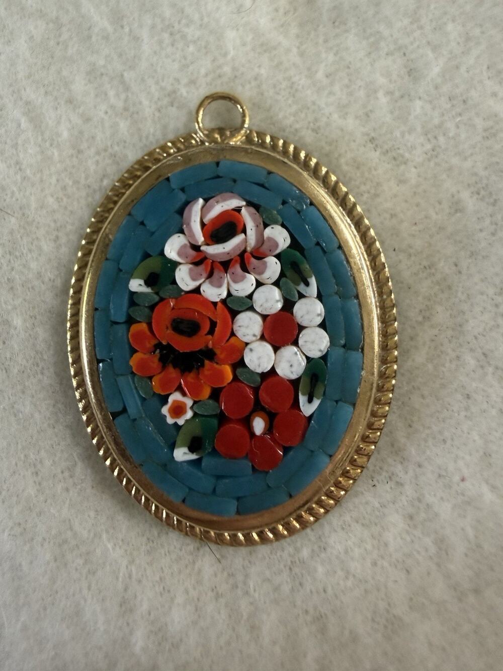 Vintage Micro Mosaic Millefiori Floral Blue Pendant